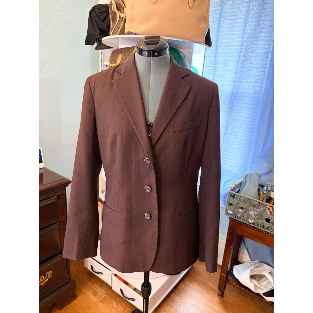 CHAPS Blazer 8 Brown Pinstripe 100% Wool Three-Button Dark Academia Professional - Picture 11 of 11